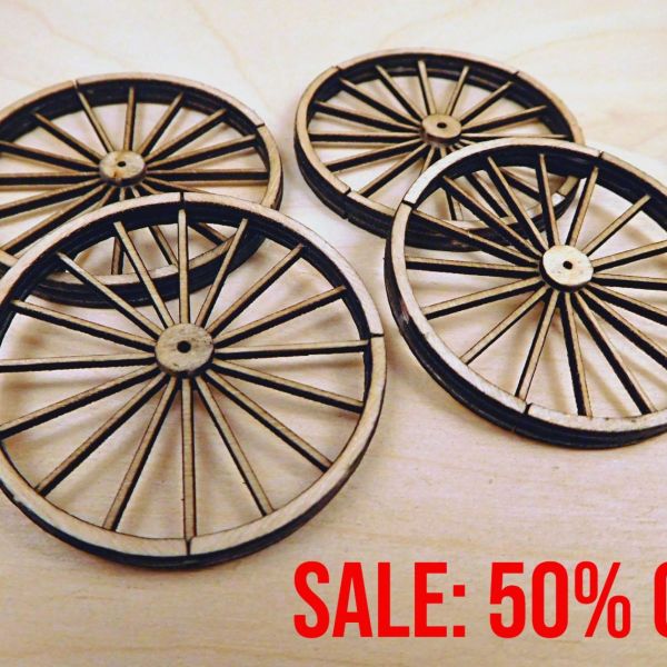 <p>This set contains parts to assemble 4 large, 16-spoked, detailed cart wheels (diameter: 40 mm). Includes separate cladding and hub-discs, to attach to both sides.<br />
<br />
They can be used on their own in rural settings, or used to construct/upgrade your own carts. <br />
<br />
Design © : Lucas Gargoloff.</p>
