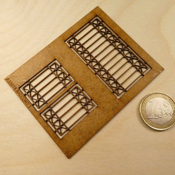 <p>Contains lasercut MDF parts to assemble a "forged iron" balcony.<br />
1 of 4 available variants.</p>
