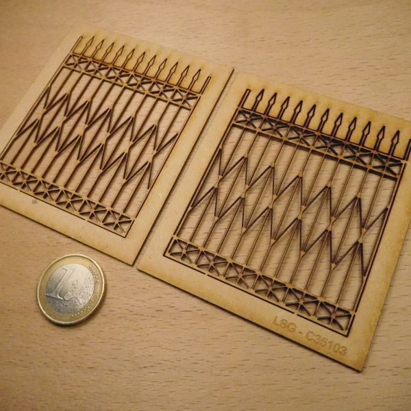 <p>2 lengths of lasercut MDF "iron" fencing.<br />
Easily cut to any desirable shape and size.</p>
