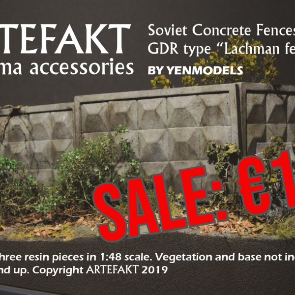 <p>The 1:48 version of Artefakt's resin Soviet concrete fences, officially known as “late Fence PO-2 (плита ограда по-2)“, designed by Boris Lachman.<br />
<br />
These were used in the USSR and Eastern bloc-states from 1950 onwards on many official sites (military barracks, hospital compounds, industrial plants, etc).<br />
<br />
Sculpted after genuine items located in the former GDR.<br />
Cast from a handmade (not 3D-printed) master by Alex Friedrich.<br />
<br />
Each set contains 3 pieces in a ziplock bag. <br />
<br />
Box art-diorama and pic by Alex Friedrich.</p>
