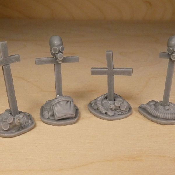 <p>This set features cast resin parts to assemble 4 post-apocalyptic, S.T.A.L.K.E.R. grave markers with gasmasks, gasmask hoses and stash bags.<br />
<br />
Cast from hand-sculpted (not 3D-printed) masters by Paul Wade.</p>
