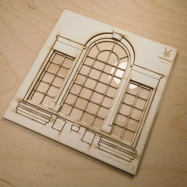 <p>This large set includes:<br />
<br />
- 3 lasercut- and engraved silkboard plates, featuring parts to assemble a layered Palladian-style window, and<br />
<br />
- 2 sheets of 0,3 mm thin acetate:<br />
one featuring the window's outline, to mount as a solid sheet to the windowframe's back,<br />
and one featuring lasercut windowpanes in the exact corresponding positions as the window's panes.<br />
You can either glue this sheet as one piece to the back of the window, or cut all panes loose and glue them separately in all openings (leaving you options to paint, matte, whitewash or depict them as shattered or even missing).<br />
<br />
For best results, use PVA glue for the window's construction, including placement of the acetate windowpanes. <br />
<br />
Plates' dimensions: 112 x 110 mm.<br />
Plates' thickness: 1,5 mm.<br />
Windows dimensions: 98 x 88 mm.<br />
<br />
Design © : Yenmodels 2018.</p>

<p>The Palladian architectural style, pioneered by Andrea Palladio (Venice, 1508–1580) is strongly based on the symmetry, perspective and values of formal classical temple-architecture of ancient Rome and Greece.<br />
<br />
It was frequently applied in Europe and the United States, to a great variety of buildings ranging from grand villas and public edifices to humble houses and farm sheds, throughout the 18th–20th centuries, and continues to evolve into modern architecture today.<br />
<br />
The Palladian, Serlian, or Venetian window, consisting of a central light underneath a semicircular arch, flanked by two other lights on each side and separated by pilasters, is a trademark of this style.</p>

